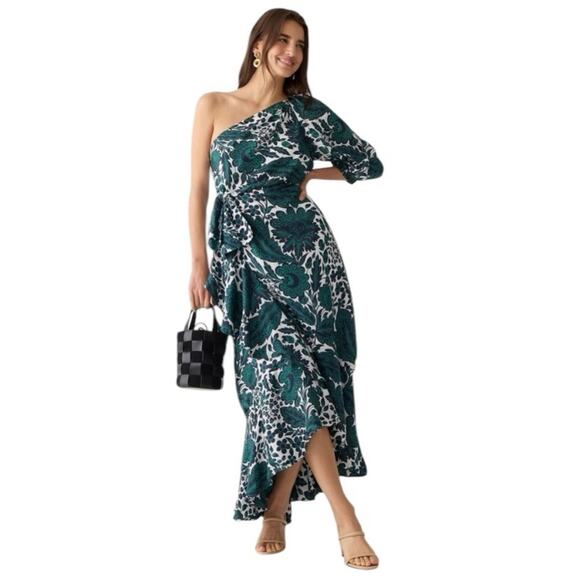 J. Crew Collection One Shoulder Ruffle Hem Dress size 8 Emerald Green Floral J. Crew Collection One Shoulder Ruffle Hem Dress size 8 Emerald Green Floral